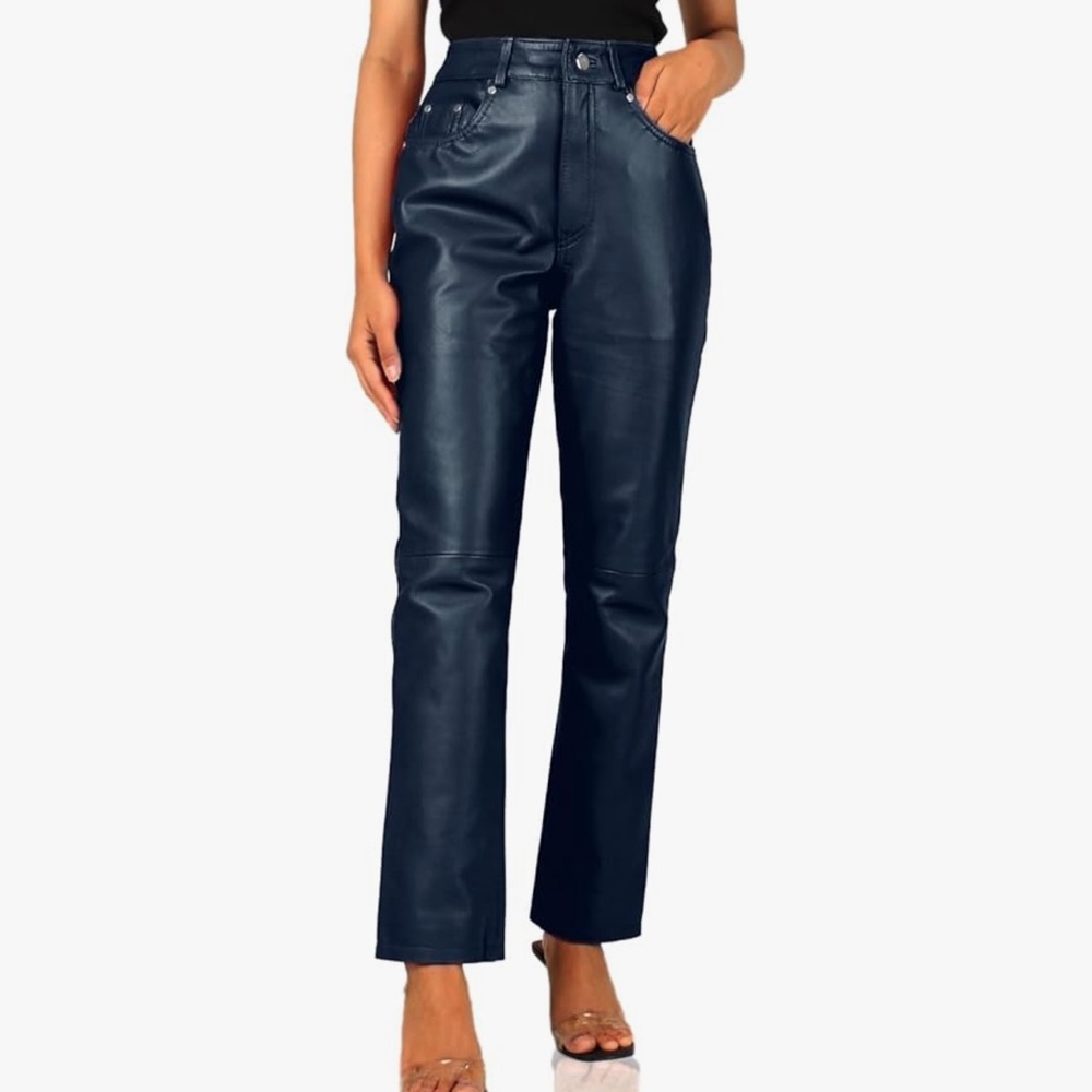 Laverapelle Elegant Navy Women's Straight Cut Genuine Leather Pants